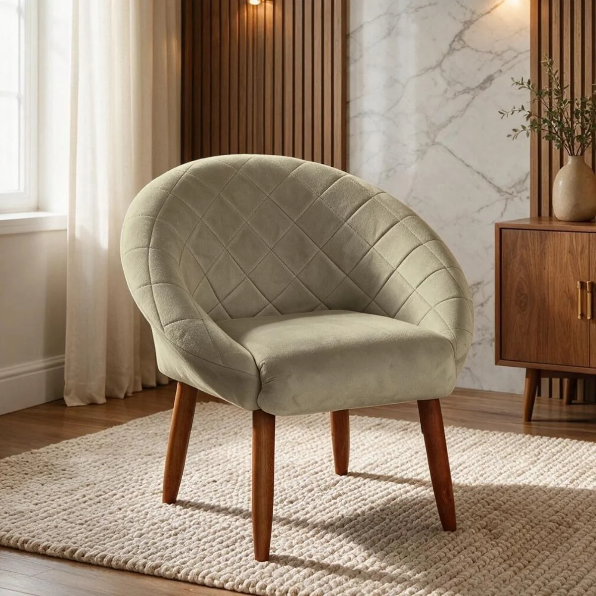 Poltrona em veludo bege com pés de madeira e estofado reforçado, ideal para sala de leitura ou recepção.