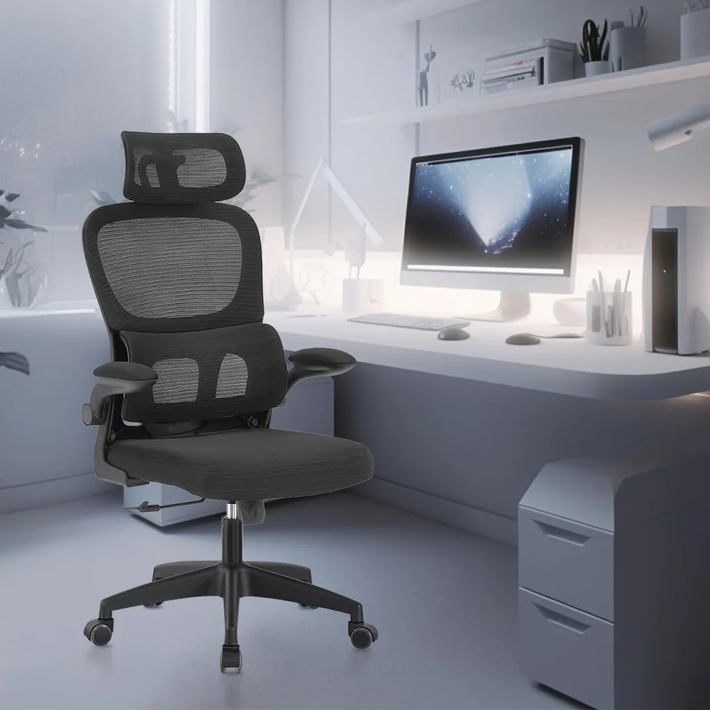 Cadeira de escritório ergonômica preta Python Fly, com encosto em malha respirável, suporte lombar independente e encosto de cabeça ajustável, conforme a norma NR-17.