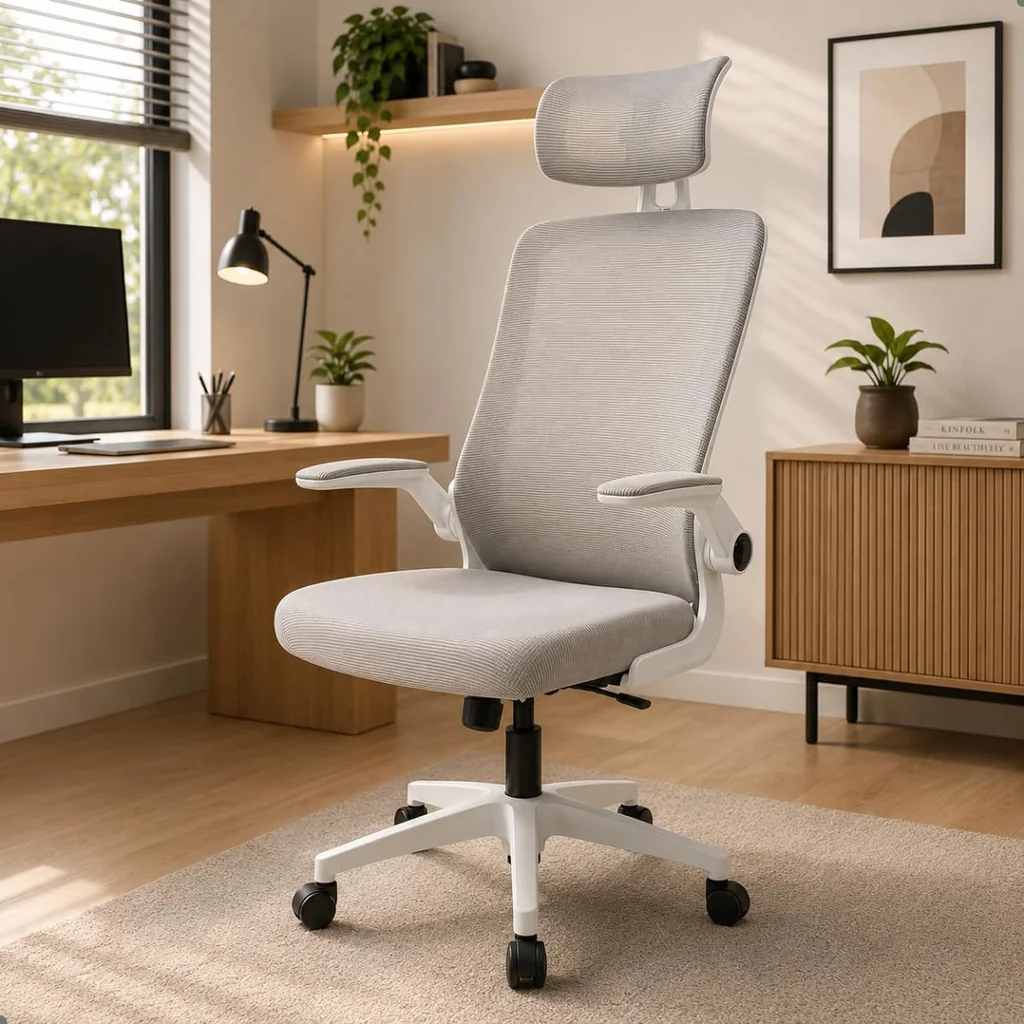 Cadeira de escritório ergonômica BlidShop em tons branco e cinza, com suporte para até 120kg, ajuste lombar e apoio de cabeça.