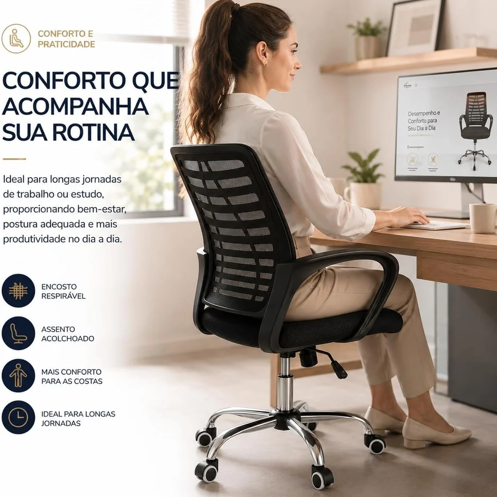 Cadeira de escritório ergonômica MAAT, em mesh preta, base giratória cromada com regulagem de altura, a opção mais em conta com alto volume de vendas.