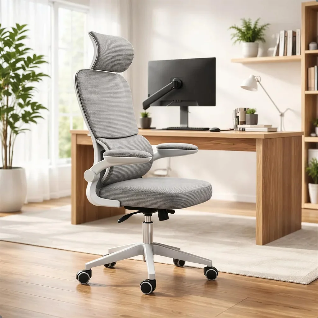 Cadeira de escritório ergonômica BlidShop Florença, em tela mesh premium branca e cinza, com apoio lombar ajustável e altura regulável.