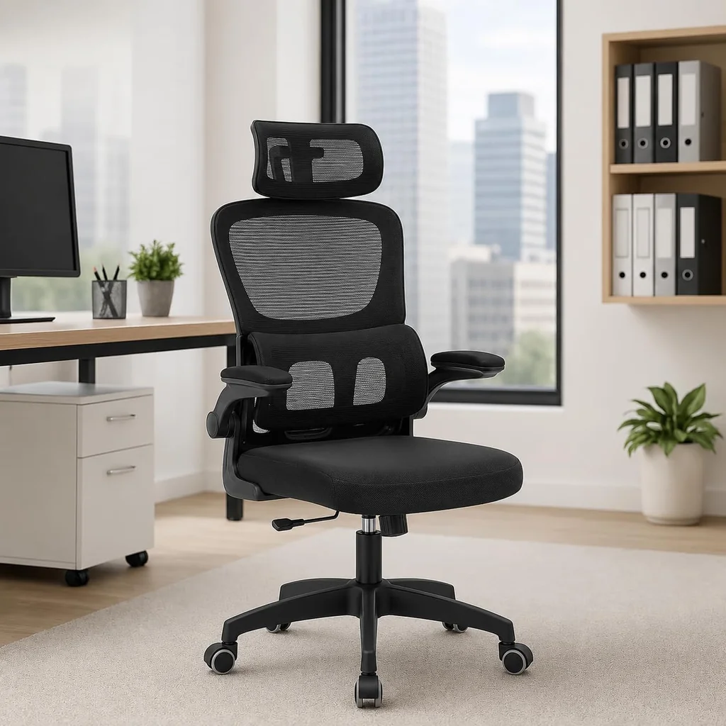 Cadeira de escritório MAAT Art Cadeiras Presidente Premium, preta, com suporte lombar ergonômico, malha respirável e apoio de cabeça confortável.