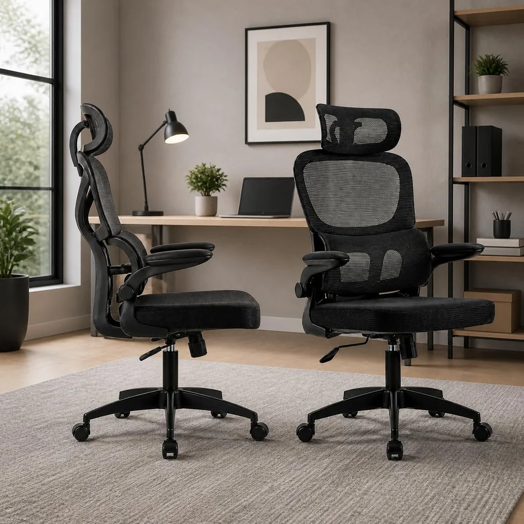 Cadeira de escritório ergonômica Vincs Presidente Madri, em malha premium, com braços flip-up e apoio de cabeça, projetada para mais de 12 horas de conforto.