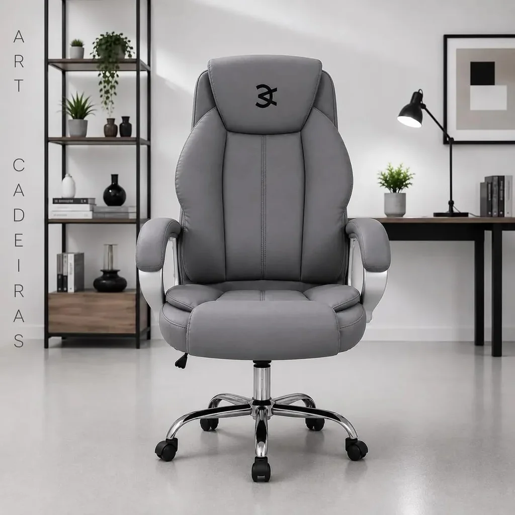 Cadeira presidente ergonômica Art Cadeiras, executiva, em couro cinza, giratória, com selo Escolha da Amazon.
