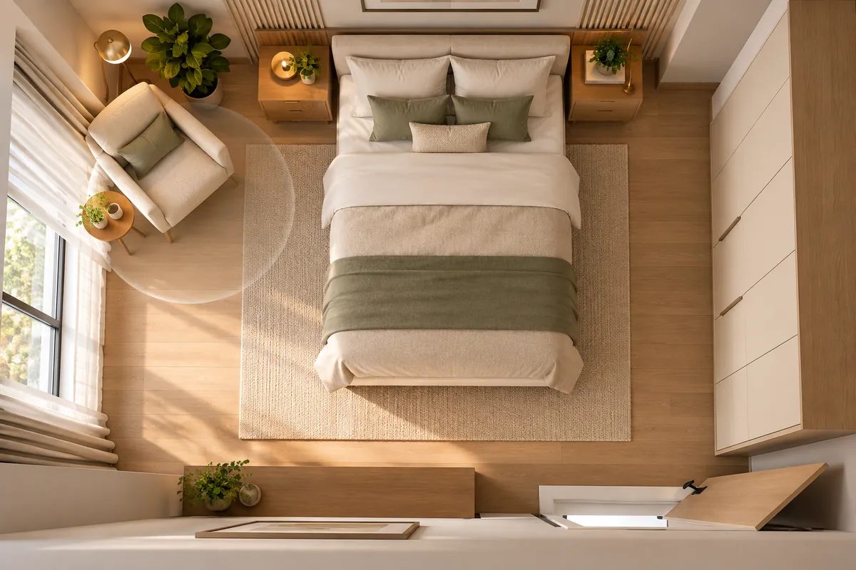 Planta de quarto pequeno com poltrona no canto e área de circulação ao redor