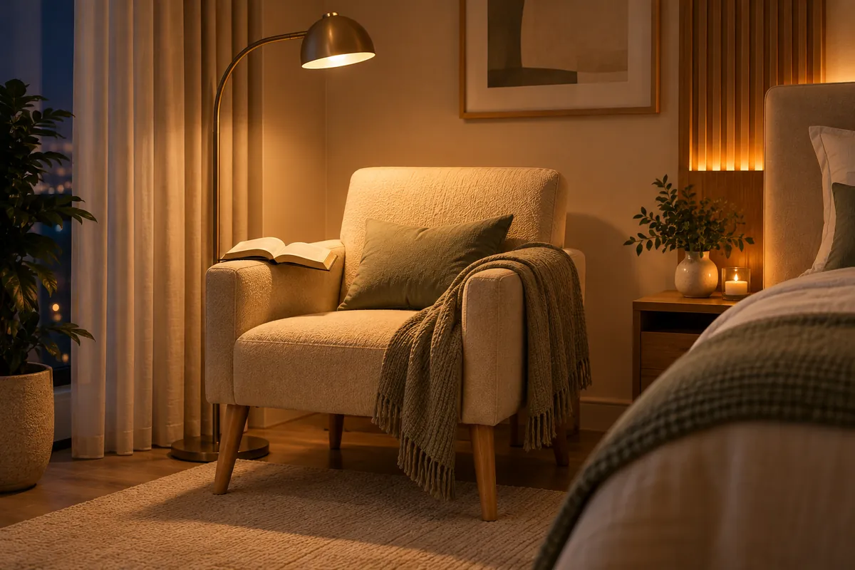 Poltrona de leitura iluminada por luminária de piso com luz quente à noite
