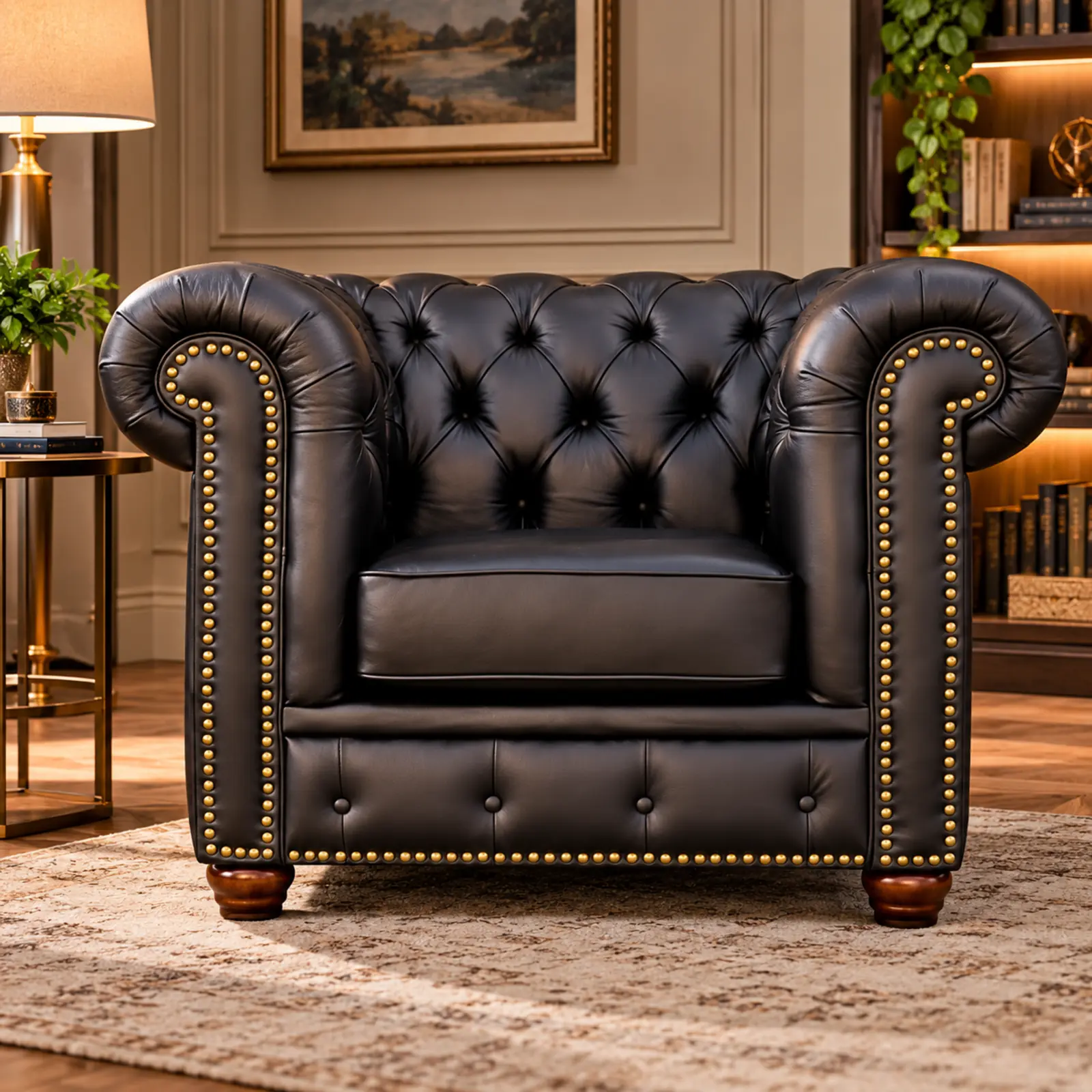 Poltrona de luxo Chesterfield preta com tachas douradas e pés de madeira torneada, estilo clássico inglês.