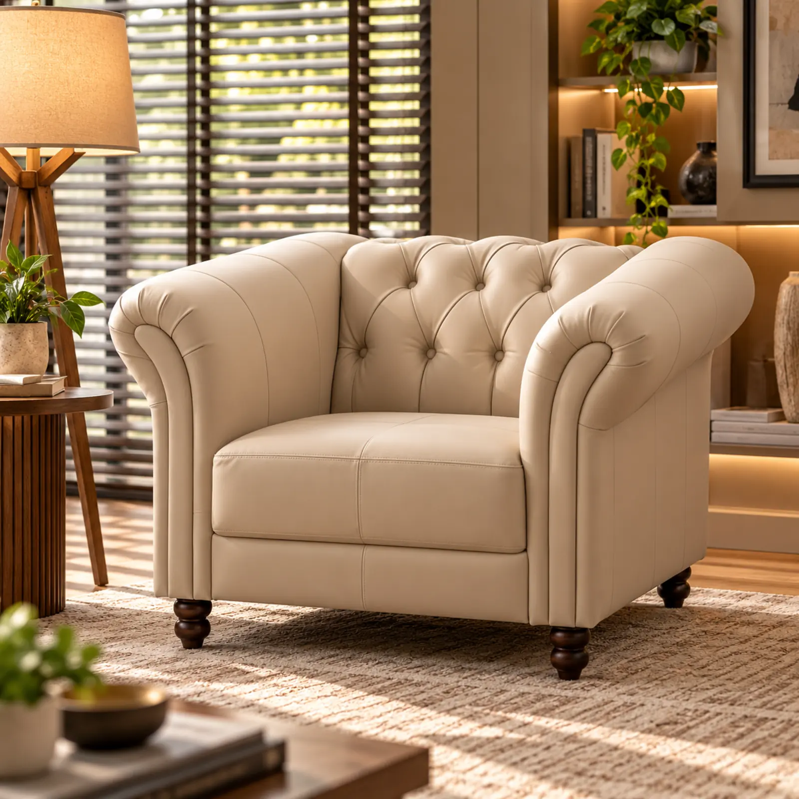 Poltrona de luxo Maggiore em couro bege capitonê, estilo Chesterfield com pés torneados em madeira escura.