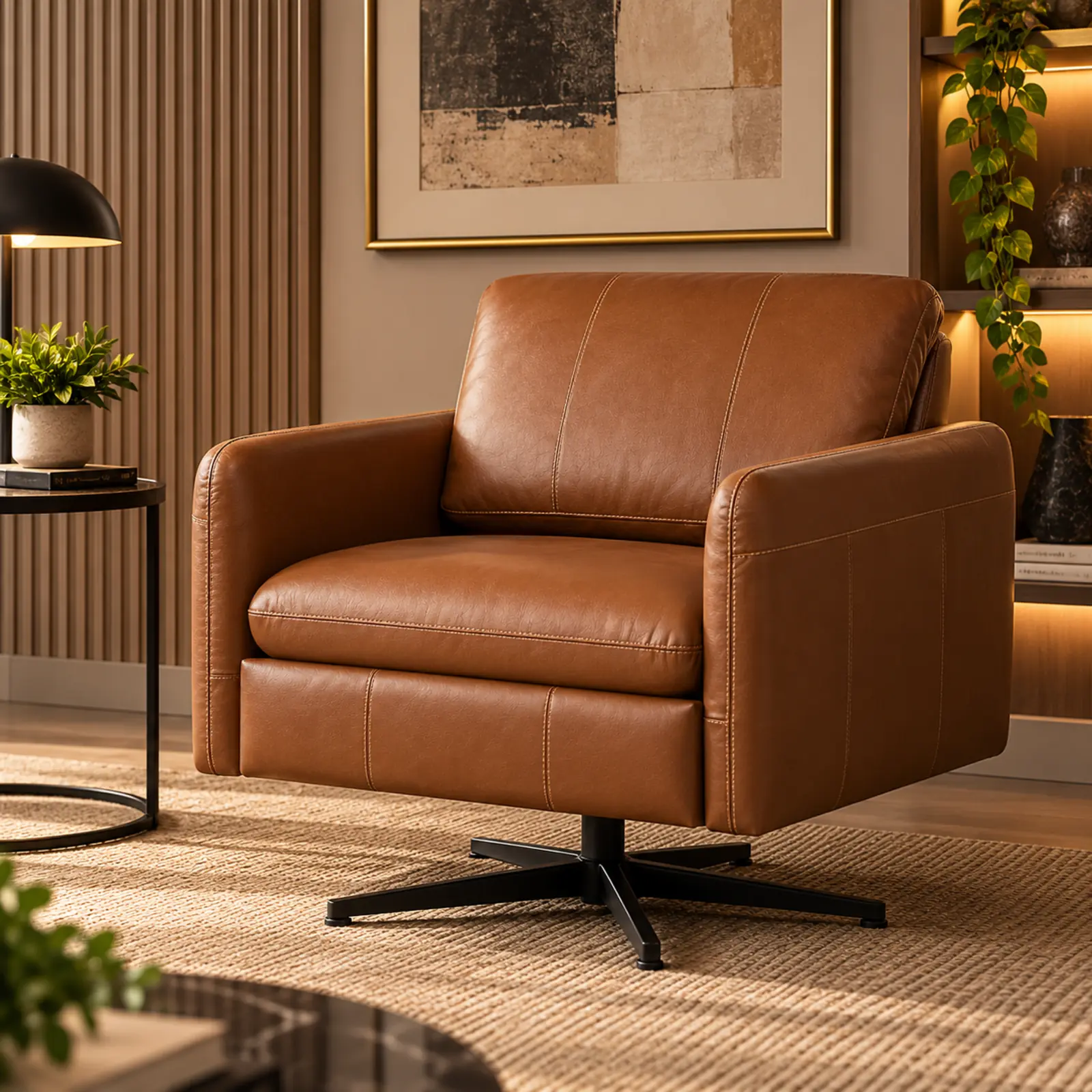 Poltrona de luxo Haut giratória 360 graus em couro caramelo claro, base estrela, design contemporâneo.