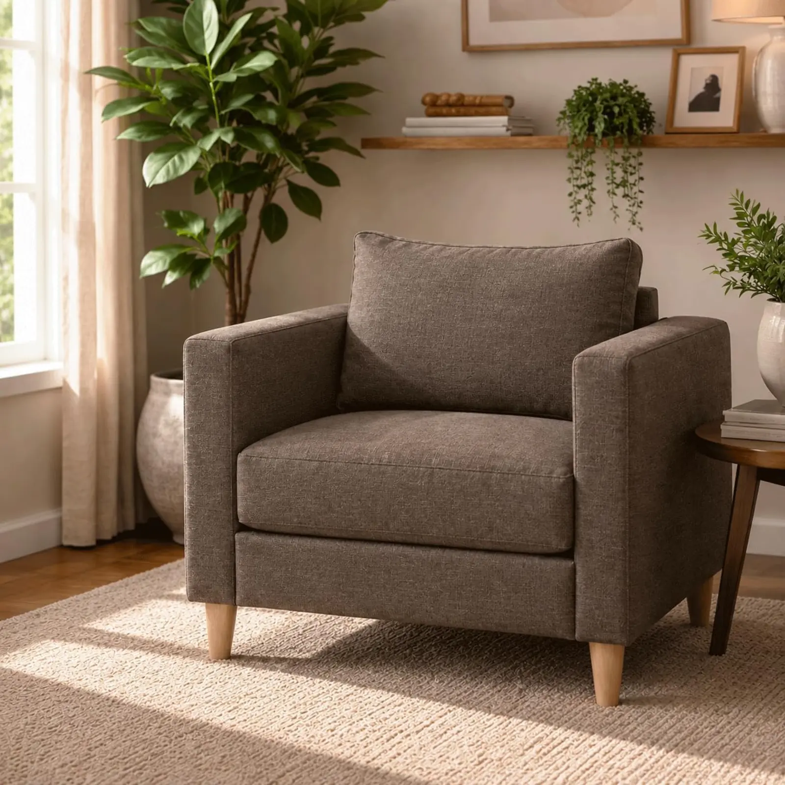 Poltrona de luxo estofada em linho marrom, braços retos, estilo clássico contemporâneo para sala ou escritório.