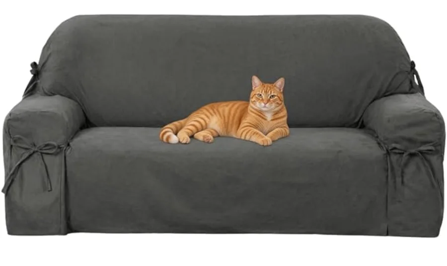 Capa protetora chumbo em suede com laços nos braços sobre sofá de 3 lugares com gato deitado