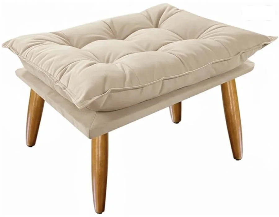 Puff decorativo bege em suede com pés de madeira