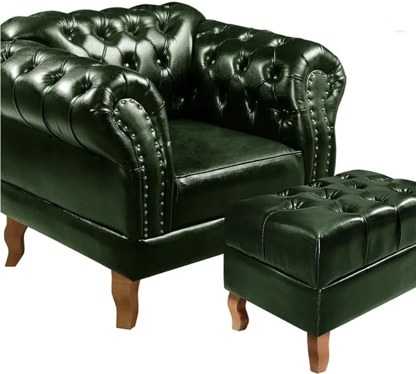 Poltrona Chesterfield capitonê verde com puff
