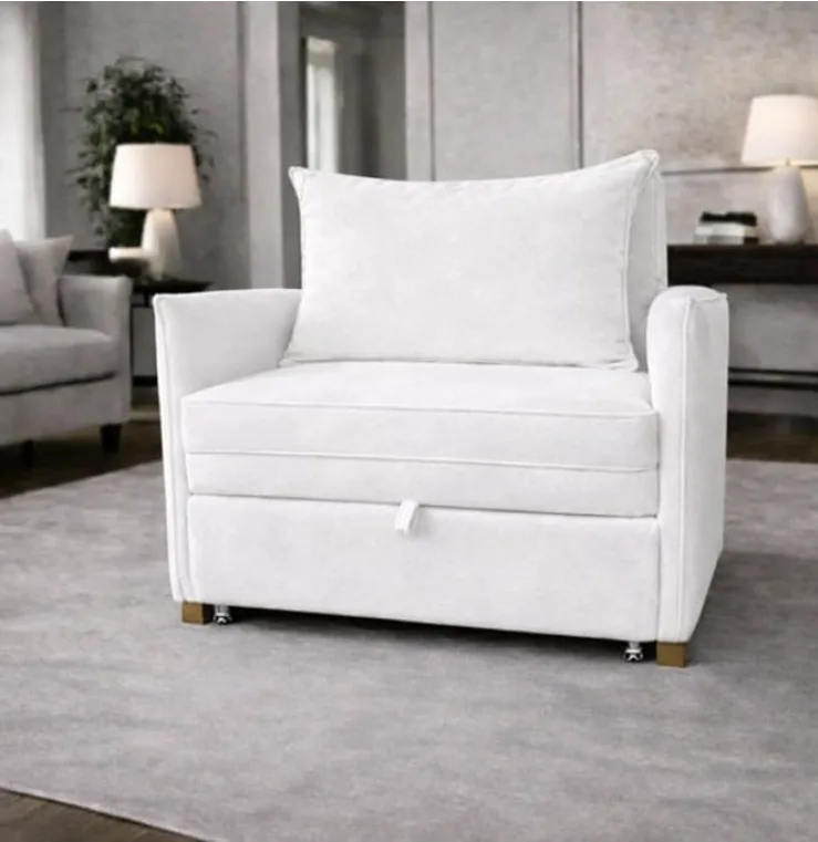 Poltrona cama Mônica em suede branco fechada, como poltrona de braços