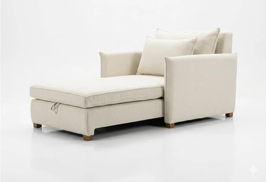 Poltrona cama Maria Premium em bouclê bege aberta como chaise
