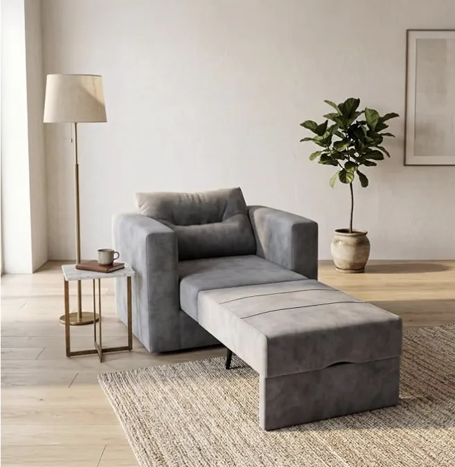 Poltrona cama Detroid Celflex cinza com assento retrátil em uma sala