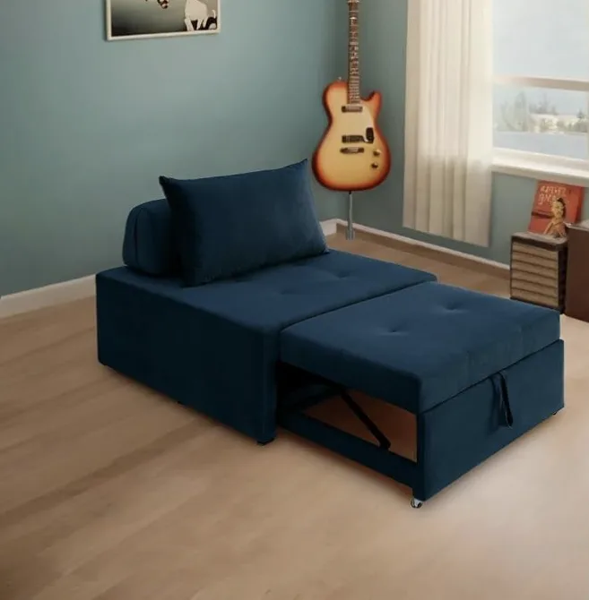 Poltrona puff chaise e cama Ares azul aberta em um quarto