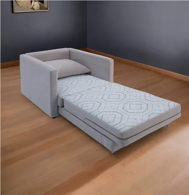 Poltrona sofá cama Trento cinza aberta mostrando o colchão