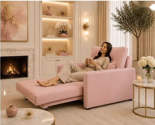 Mulher sentada em poltrona cama rosa de veludo com o assento estendido