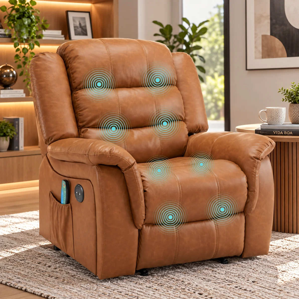 Poltrona reclinável elétrica caramelo com massagem por vibração, entrada USB e corino premium