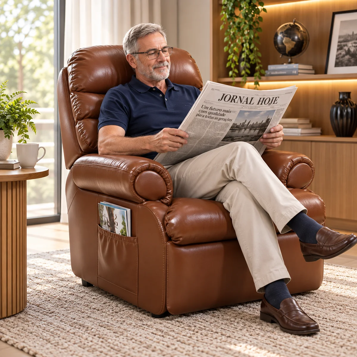 Idoso relaxando e lendo jornal em poltrona reclinável de couro caramelo com bolso lateral