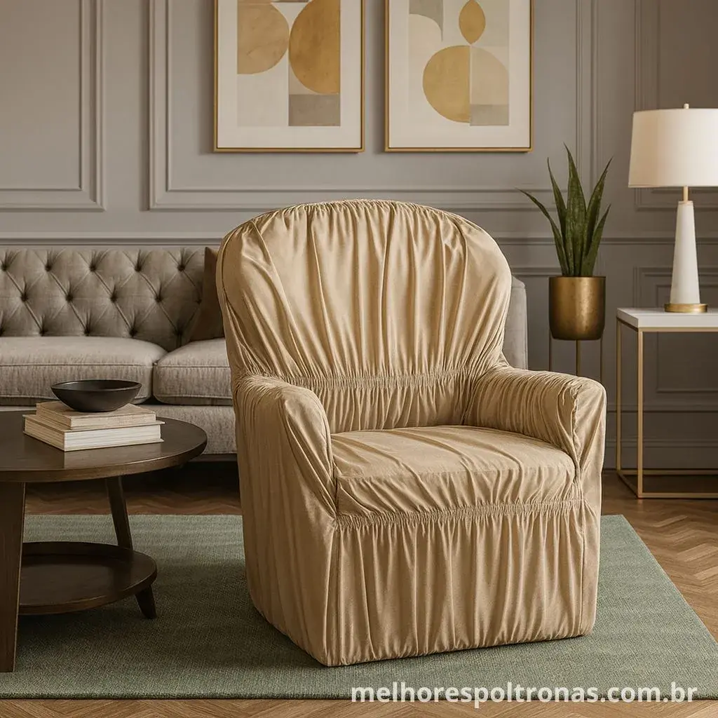 Capa para poltrona elástica na cor bege, mostrando o ajuste perfeito em uma poltrona de braços em uma sala elegante.