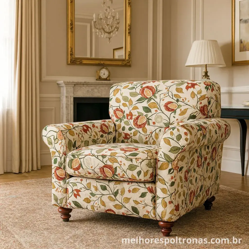 Capa para poltrona com estampa floral, mostrando como uma capa de design pode transformar a decoração da sala.