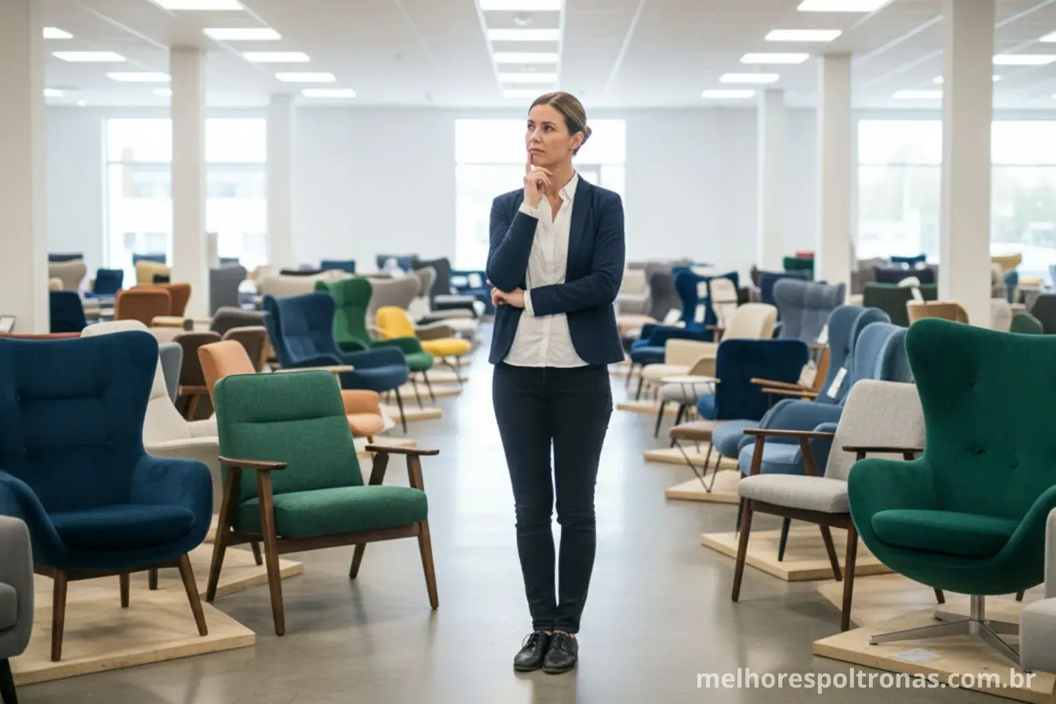 Mulher em uma loja de poltronas, com expressão pensativa, aprendendo como escolher a melhor poltrona para sua casa.
