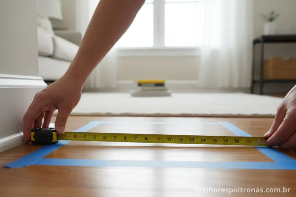 Mãos usando uma fita métrica para medir e demarcar o espaço ideal para uma nova poltrona na sala de estar.