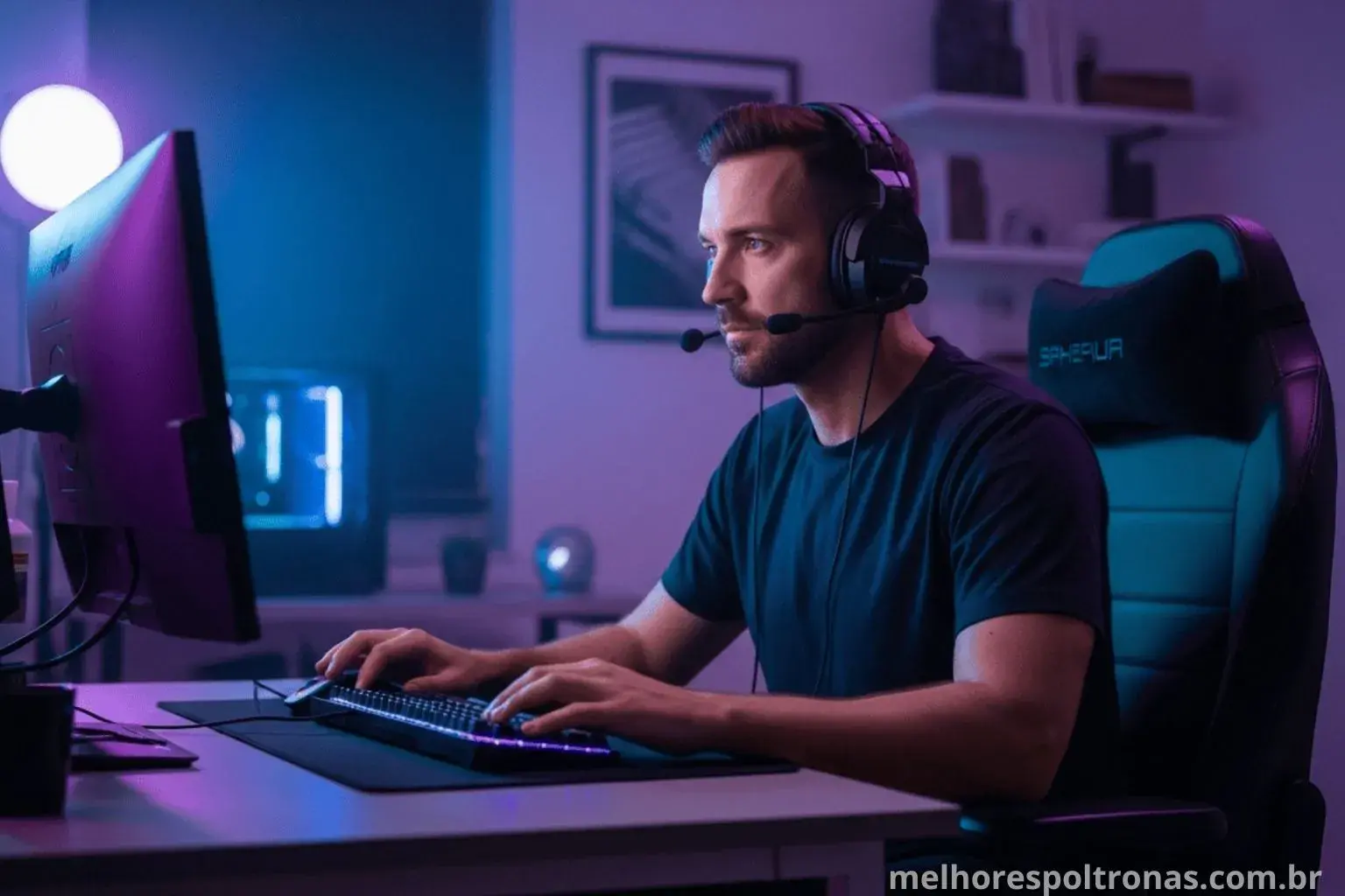 Jogador profissional focado em sua cadeira gamer ergonômica, no melhor setup para alta performance em 2025.