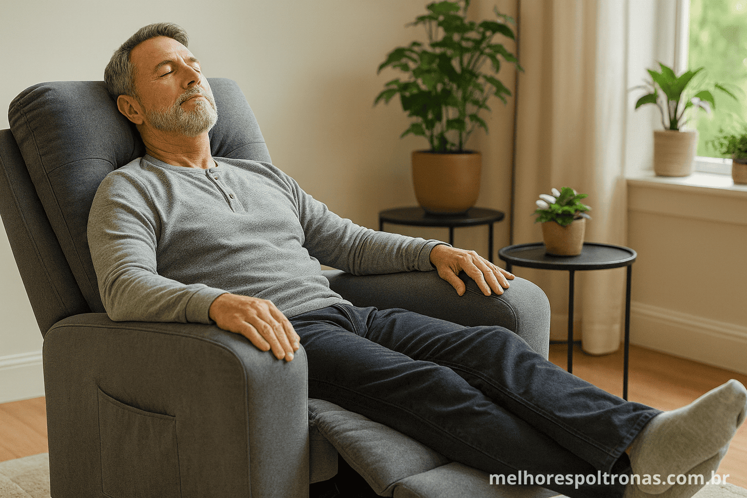 Homem sentindo alívio da dor na coluna ao relaxar na melhor poltrona ergonômica de 2025.