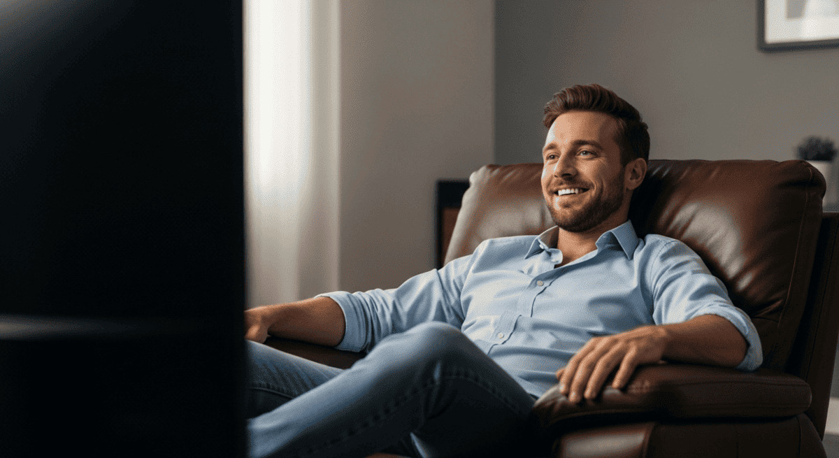 Homem sorridente sentado em poltrona reclinável de couro marrom, assistindo TV, representando conforto ideal para ver filmes e séries.