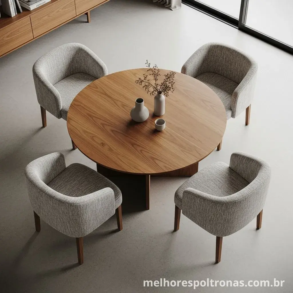 Mesa de jantar redonda cercada por quatro poltronas de design compacto, criando um ambiente de lounge.