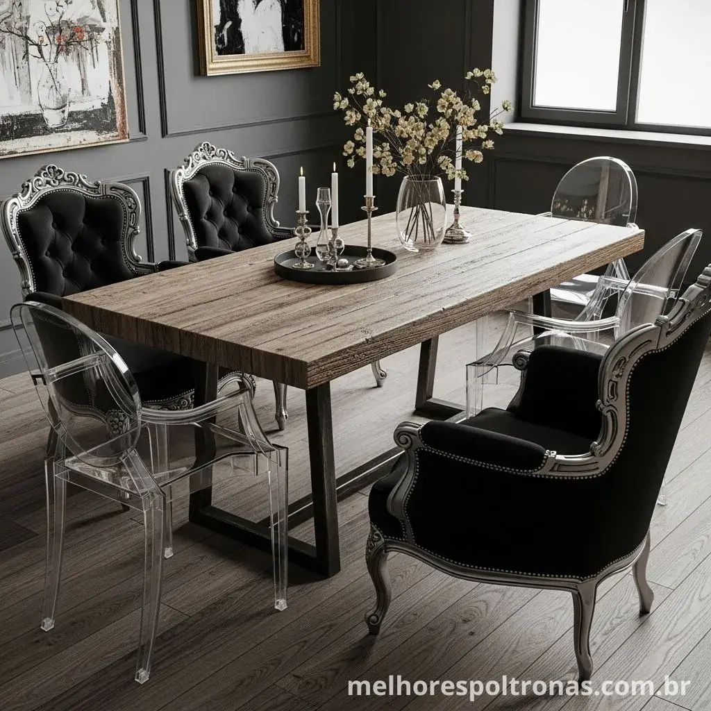 Sala de jantar eclética misturando mesa rústica, cadeiras de acrílico modernas e poltronas de cabeceira clássicas.
