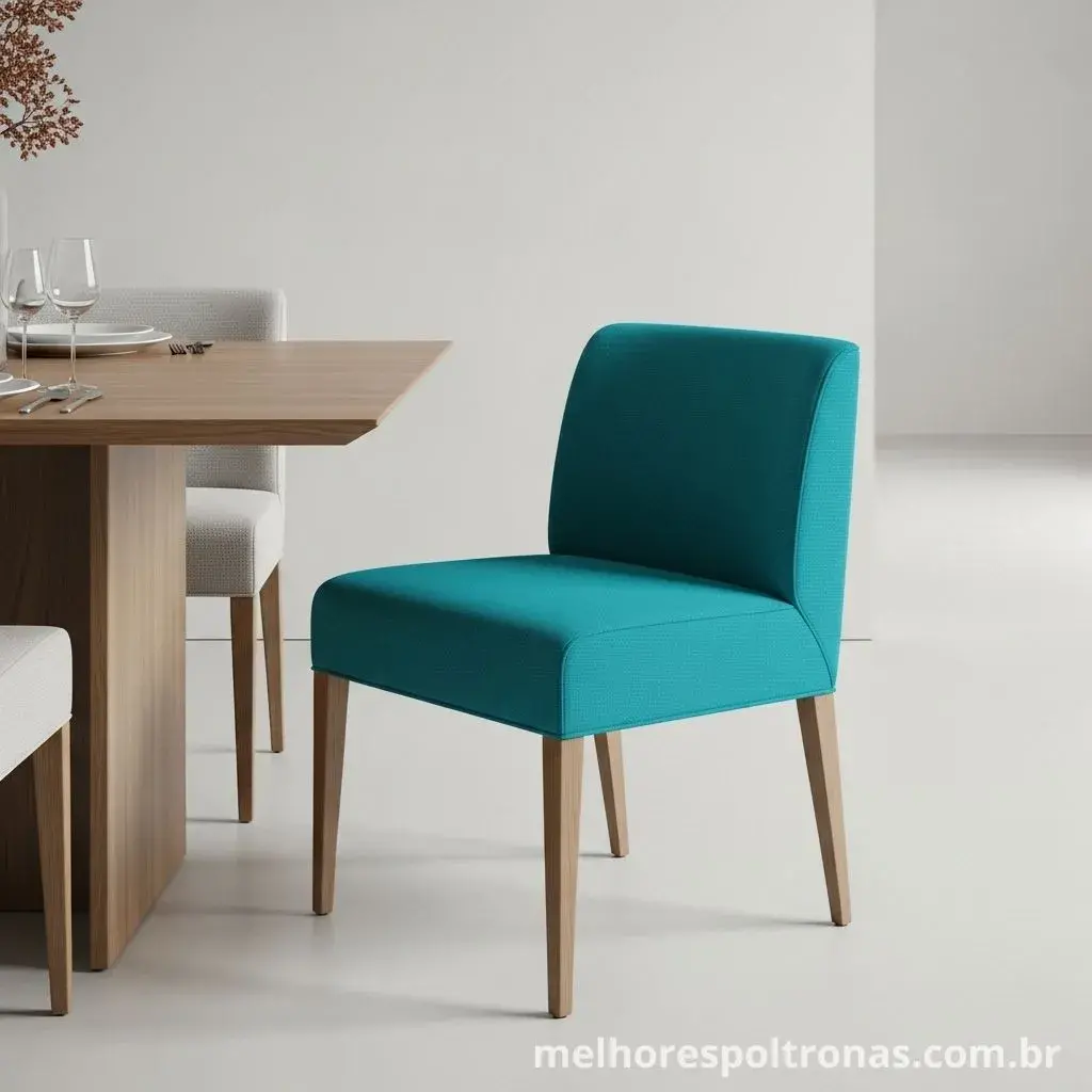Poltrona de cor azul vibrante na cabeceira de uma mesa de jantar, criando um ponto de contraste moderno.