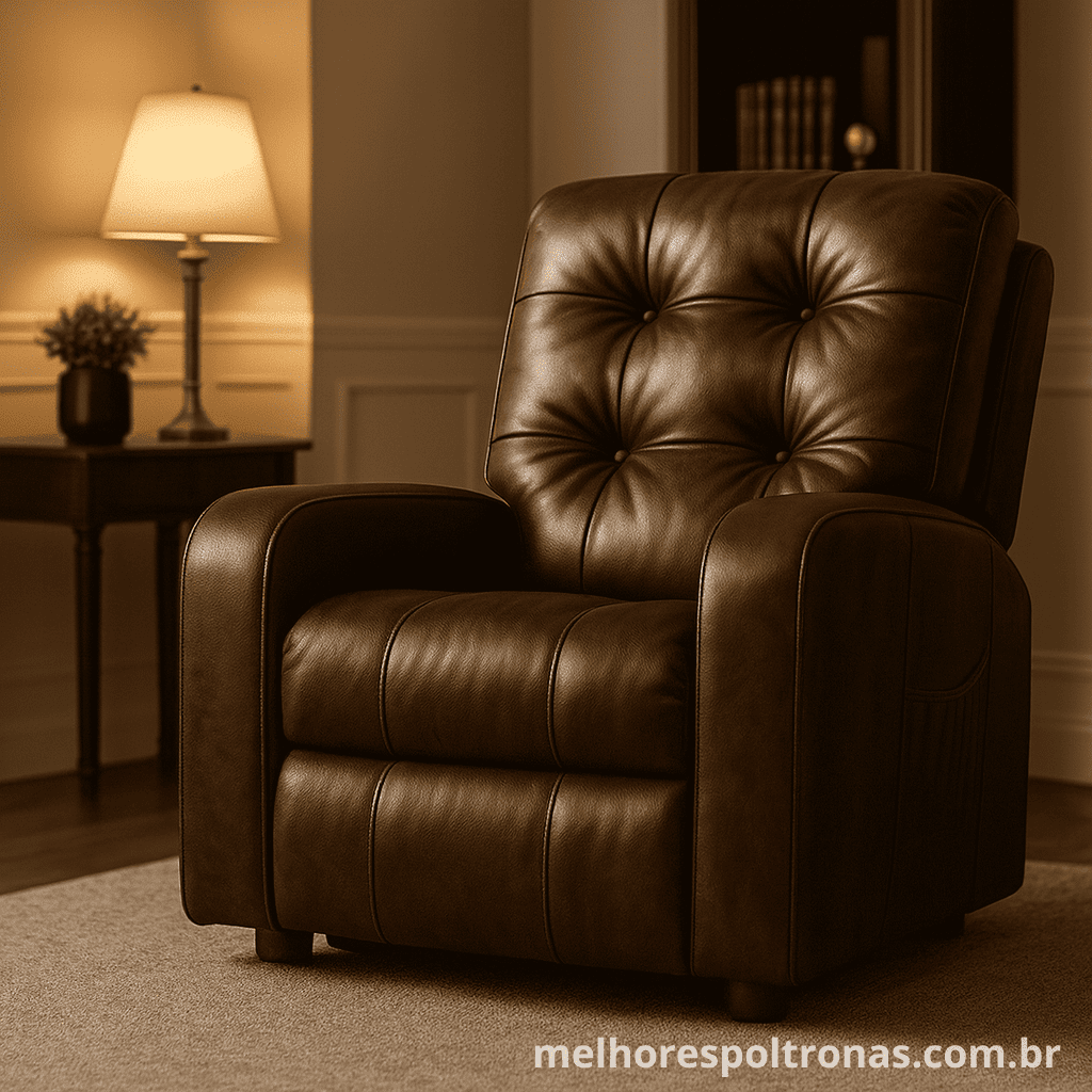 Elegante poltrona do papai em corino marrom, a escolha clássica e de fácil limpeza para a sala de TV.