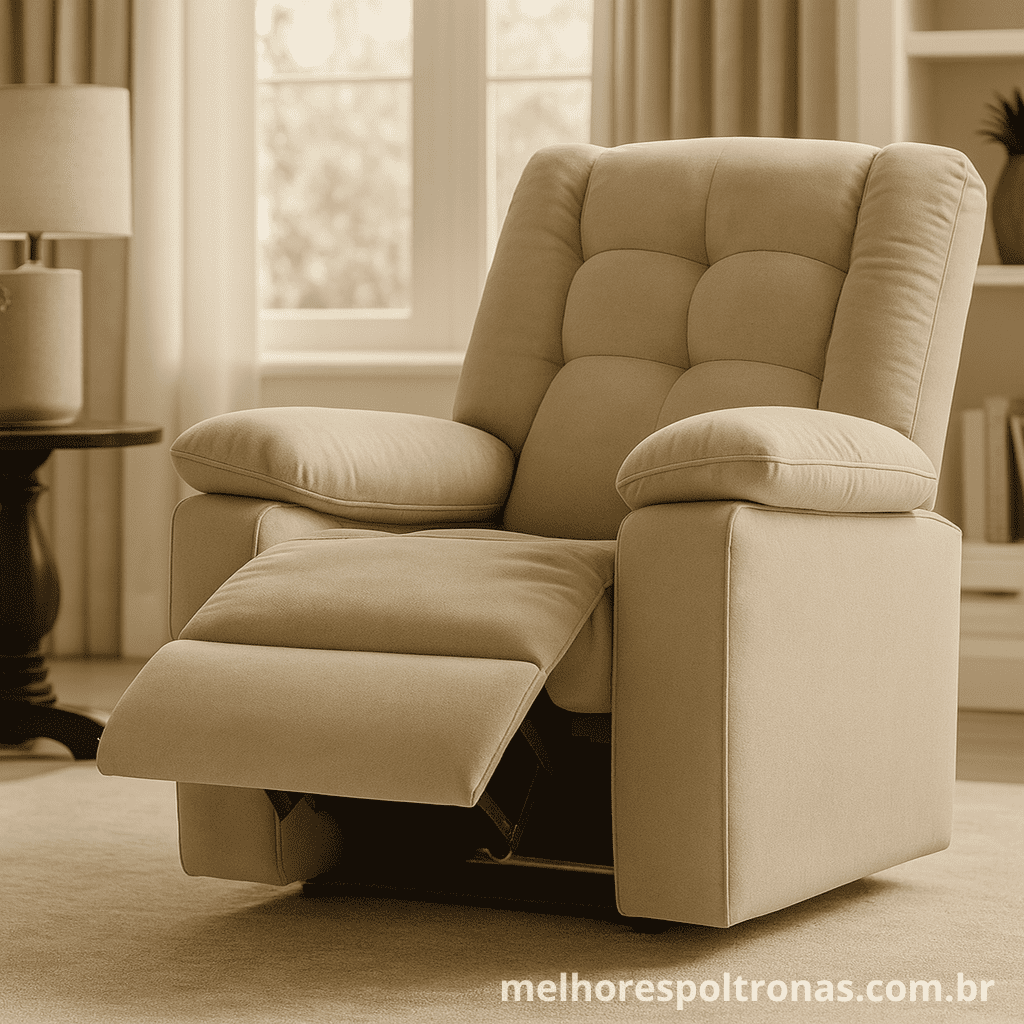Poltrona do Papai reclinável para assistir TV, em tecido suede bege, a melhor opção para máximo aconchego em maratonas.
