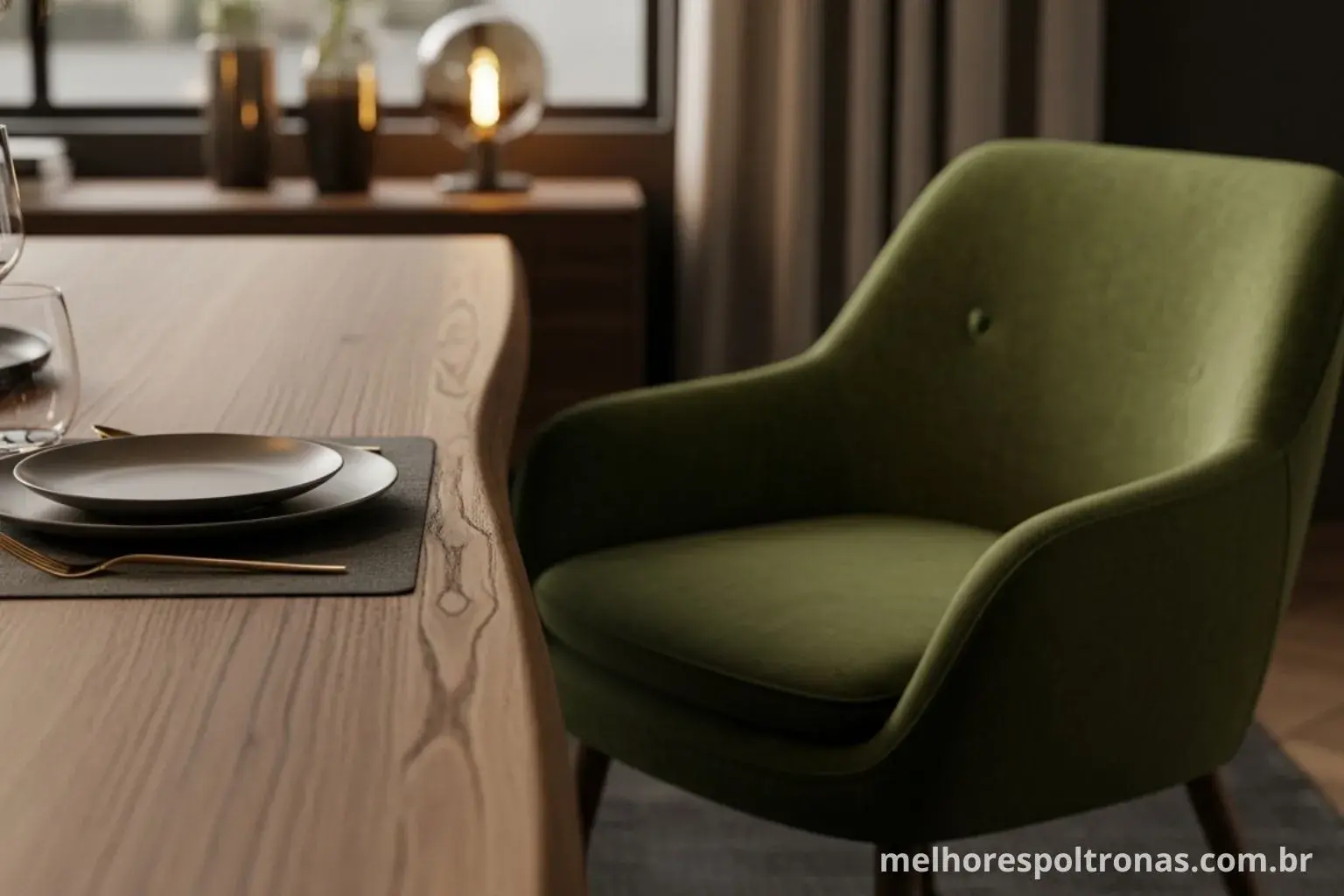 Poltrona de design em veludo verde posicionada na cabeceira de uma mesa de jantar, a nova tendência de decoração.