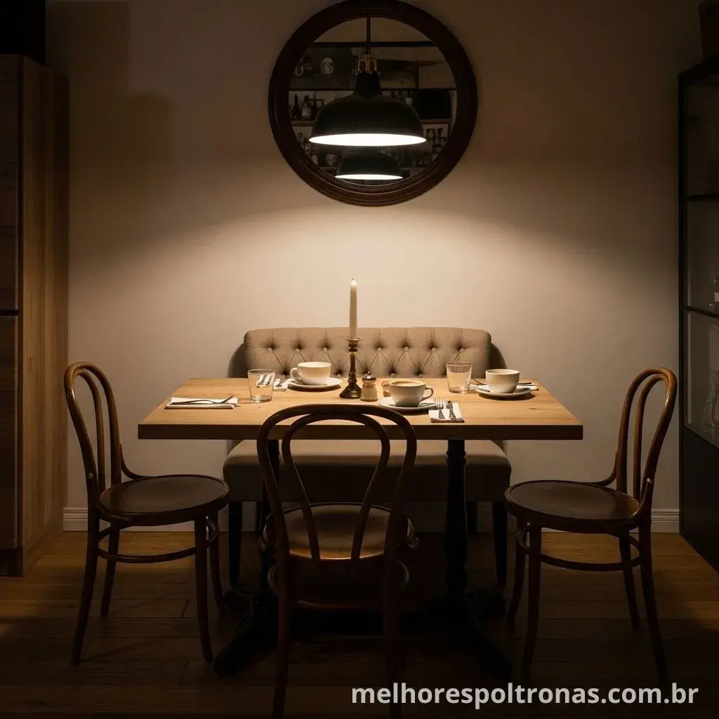 Pequena poltrona "namoradeira" usada como banco em um lado da mesa de jantar, criando um ambiente de bistrô.