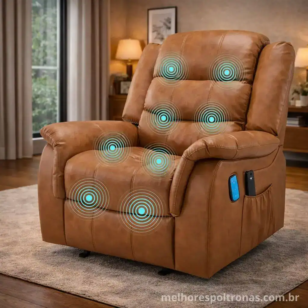 Poltrona do Papai reclinável elétrica Gil Móveis com massagem USB e lâmpada para alívio de dores 2026, corino premium e design confortável em ambiente minimalista