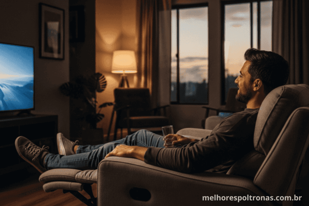 Homem relaxando em uma poltrona reclinável em sua sala, o setup perfeito para um cinema em casa.