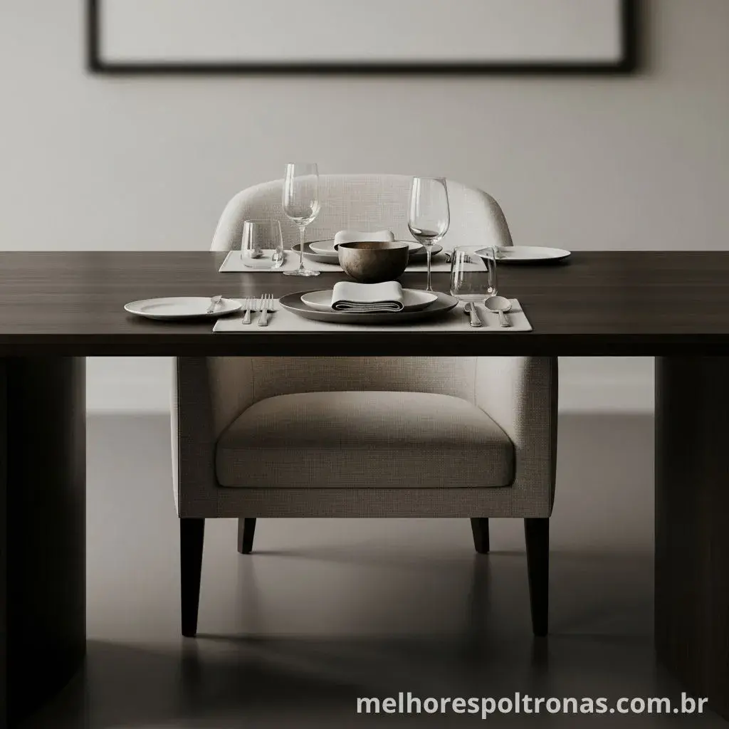 Par de poltronas de linho bege nas cabeceiras de uma mesa de jantar, criando um layout simétrico e imponente.