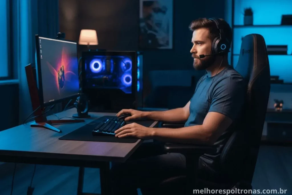 Setup gamer completo com PC e monitores, destacando a importância de uma cadeira gamer ergonômica para a saúde postural.