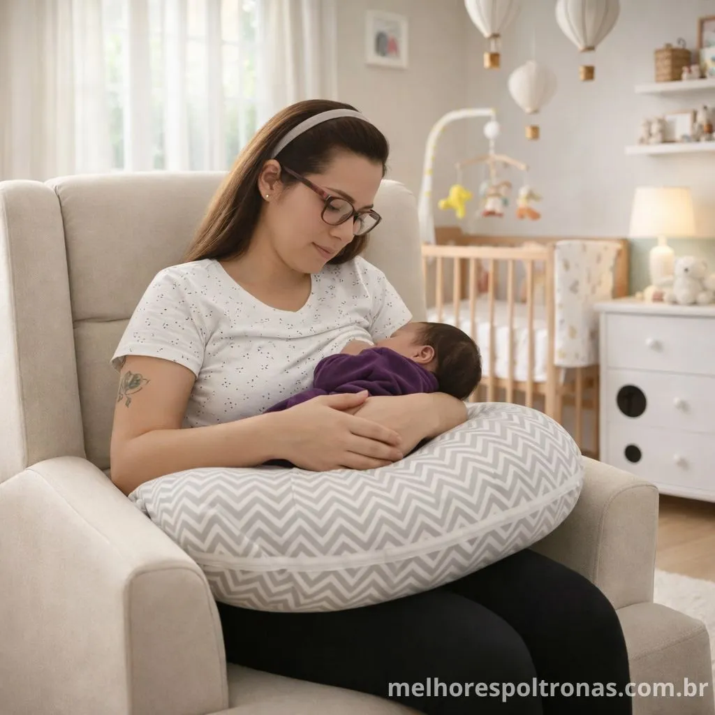 Mãe amamentando bebê recém-nascido usando uma almofada de amamentação ergonômica com estampa chevron cinza e branca.