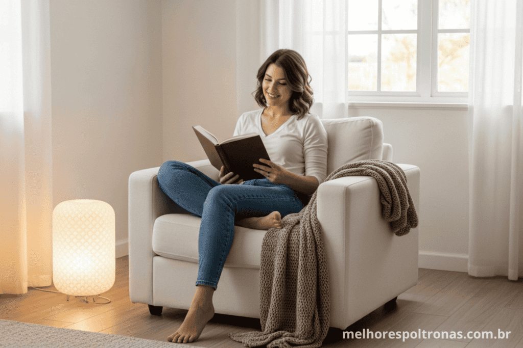 Mulher desfrutando de um momento de paz em seu canto de leitura, sentada em uma poltrona branca confortável com uma manta.