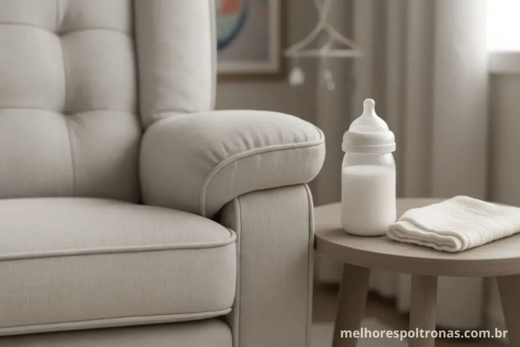 Close-up no braço largo e acolchoado de uma poltrona de amamentação, mostrando os detalhes que garantem o conforto prático da mãe.
