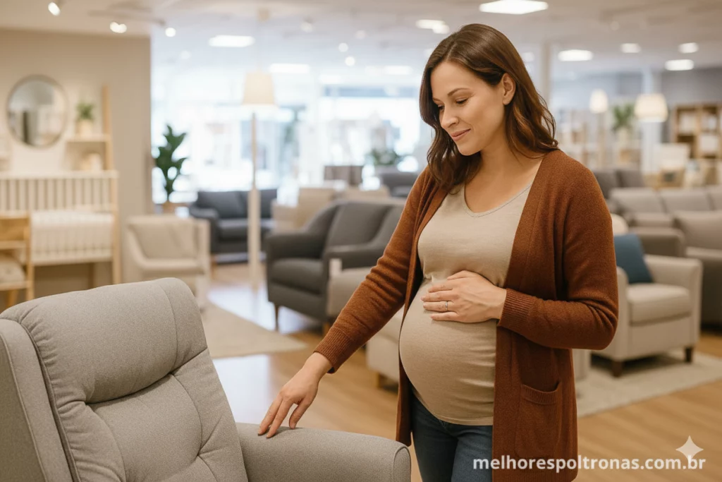 Mulher grávida tocando o tecido de uma poltrona de amamentação cinza em uma loja de móveis de bebê