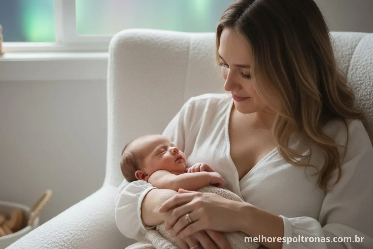 Mãe olhando com amor para seu bebê recém-nascido, em um momento de vínculo na melhor poltrona de amamentação.