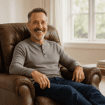 Homem satisfeito relaxando na melhor poltrona do papai de couro marrom, o guia de conforto absoluto de 2025.