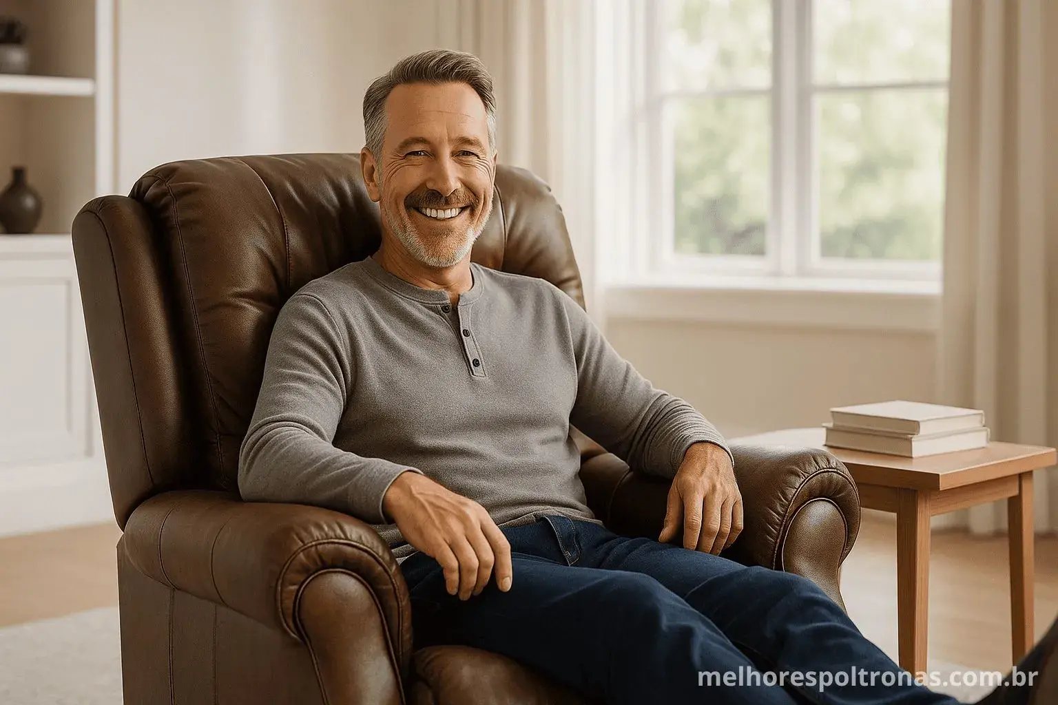 Homem sorrindo satisfeito na melhor poltrona do papai, o guia definitivo para encontrar o conforto absoluto em 2025.